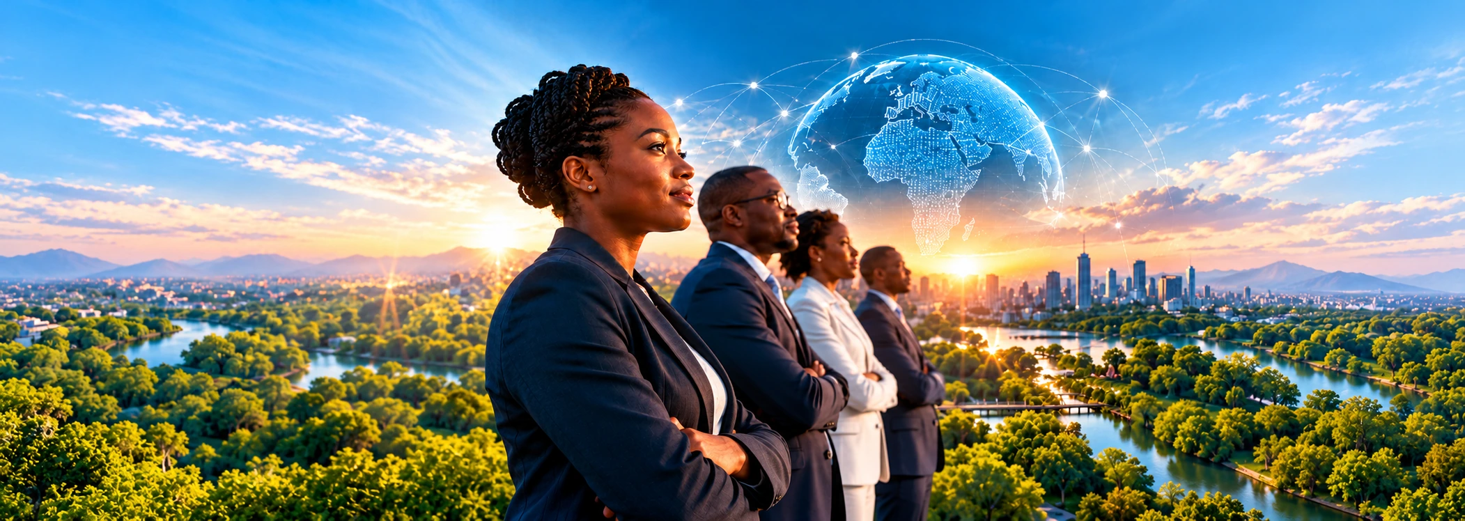 African professionals looking ahead, with a connected globe over a South African city at sunrise.
